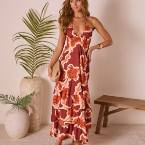 Tropical Tide Abstract Halter Maxi Dress