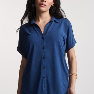 LUXE TOUCH TENCEL™ BUTTON-UP T-SHIRT IN MEDIEVAL BLUE